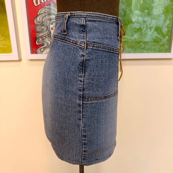 Denim Mini Skirt Leather Lace-Up Front - Picture 3 of 8